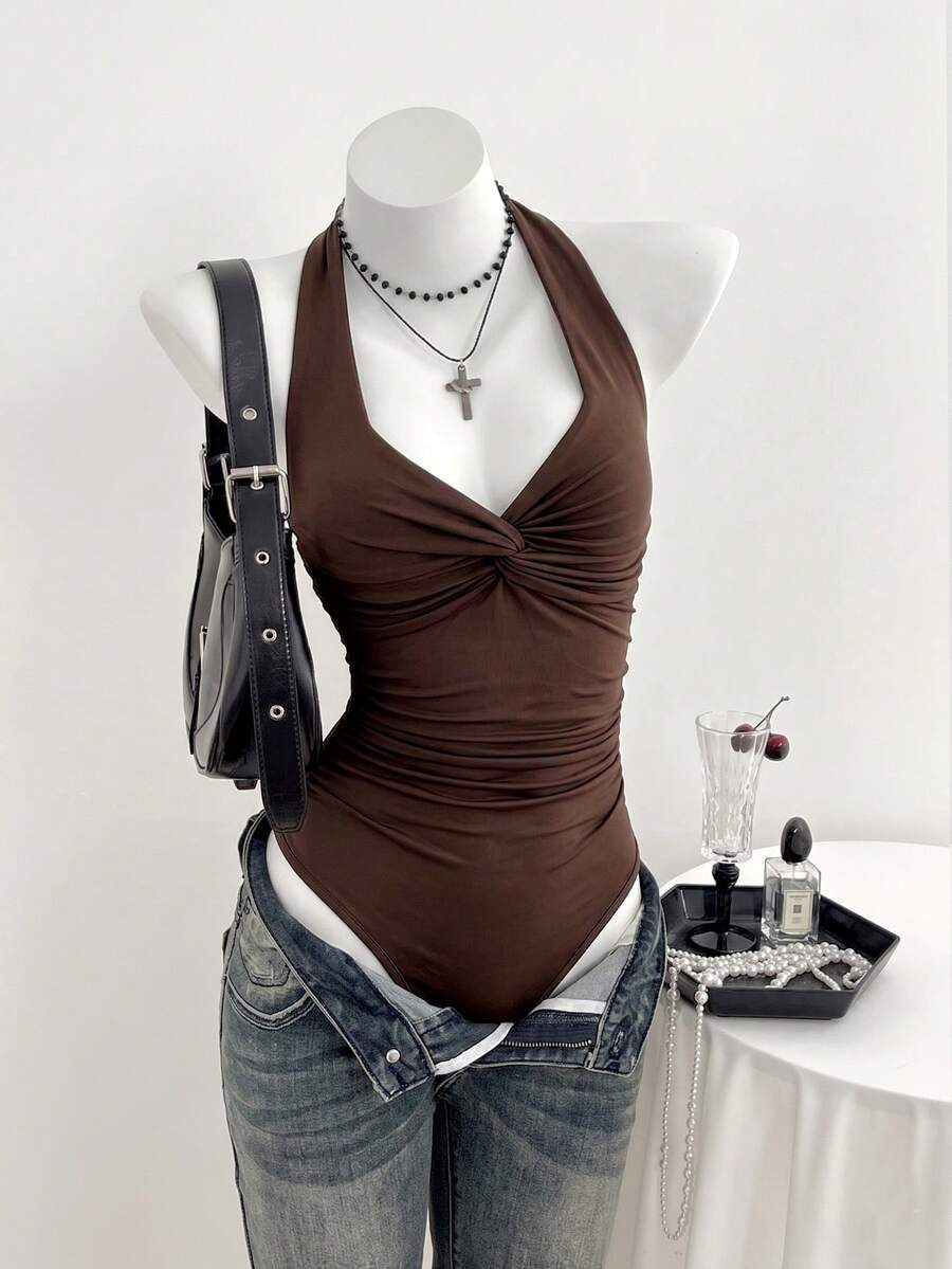 Elamini 女款春夏季V領前打結性感休閒極簡連身衣 - 咖啡棕 - 查看 1