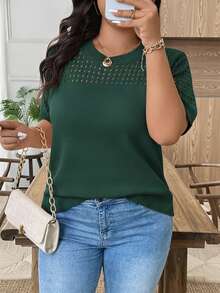 EMERY ROSE Plus Size Casual Hollow Out Round Neck Short Sleeve Top Going Out Tops - Dark Green - View 3