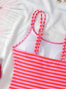 SHEIN 青少年女孩洋紅色條紋可調節肩帶連身泳衣 - 彩色 - 查看 5