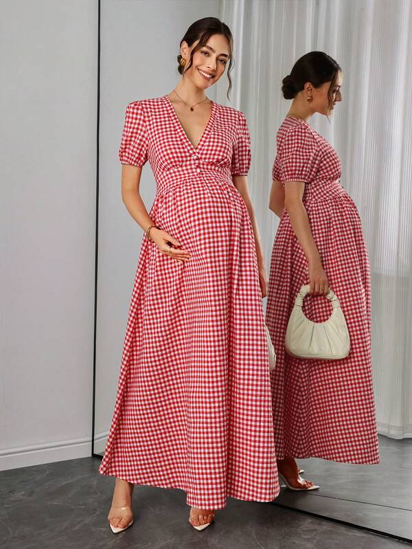 Momance Maternity Summer Casual Plaid Dress