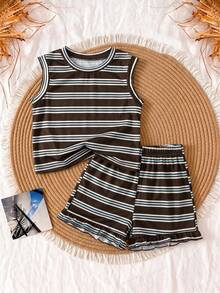 SHEIN Vintaside Kids 復古棕色條紋少女背心上衣套裝，無袖圓領搭配同款條紋短褲，柔軟親膚，版型俐落，打造清新時尚的少女造型，適合夏季穿著 - 棕色 - 查看 6
