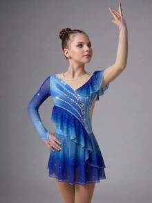 Tween Girl Rhinestone Ruffle Sports Dress Group Competitions, Individual Training, Etc., Autumn Winter, Fall, Back To School, Tennis, Dance, Active - Multicolor - View 3