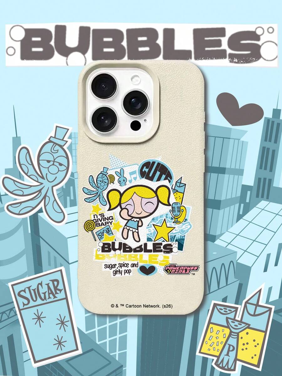 THE POWERPUFF GIRLS X SHEIN The Powerpuff Girls Bubbles 卡通貼紙拼貼圖案 星星兔子章魚麥克風音符愛心字母元素 皮革紋理白色親膚防震防摔保護手機殼,適用於 Apple iPhone 13/14/15/15Pro/16/16Pro/17Pro,熱銷日常美學保護殼 - 彩色 - 查看 1