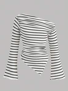 SHEIN Tween女孩 2件組休閒端莊學院風黑白針織抓皺長袖修身上衣與喇叭褲套裝，適合日常穿著、生日、健身房、學校 - 黑與白 - 查看 4