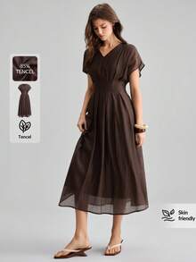 Ontre Lyocell Fabric Women's Comfortable V-Neck Slightly Wide Design Cinched Waist Full Skirt Vacation Elegant Tea Party Summer Dark Brown - Brown - View 5