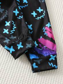 SHEIN 2pcs Young Boy Casual Vision Fluorescent Cartoon Pattern Round Neck Short Sleeve Shorts 2 Pieces Outfit Set, Suitable For Spring/Summer , Daily Wear, Sports, Outings, School, Parties, Festivals, Photoshoots - Black - View 7