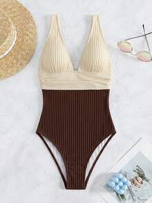 Swim Vcay Women's Colorblock Ruched One-Piece Swimsuit, Suitable For Beach Vacation, Pool Party, Beach Party - Coffee Brown - View 4