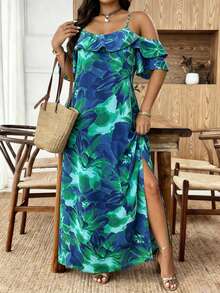 Breezaya Vestido de vacaciones para mujer de talla grande con estampado floral, dobladillo con volantes y abertura lateral, primavera/verano/otoño - Multicolor - View 1