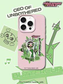 THE POWERPUFF GIRLS X SHEIN The Powerpuff Girls 辣妹 Buttercup 卡通貼紙拼貼圖案 星星 吉他 骷髏 繃帶 音符 字母元素 皮革紋理 粉色 親膚 防震 防摔 保護手機殼，適用於 Apple iPhone 13/14/15/15Pro/16/16Pro/17Pro，熱銷日常美學保護殼 - 彩色 - 查看 3