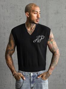 AXEPEAK Men's Letter Embroidered V-Neck Casual Knit Vest - Black - View 4