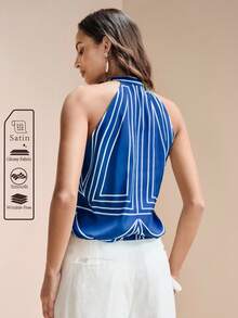 SHEIN 女款緞面寬鬆版型V領幾何印花腰部綁帶設計休閒通勤上衣 - 藍色 - 查看 4