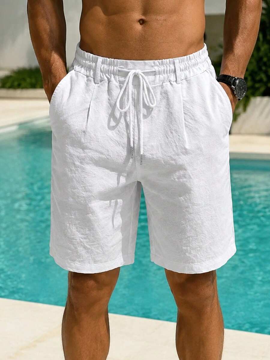 VIVINTIMO Pantalones cortos de playa de unicolor con cordón en la cintura y bolsillos para hombres, para vacaciones y días festivos - Blanco - Ver 1