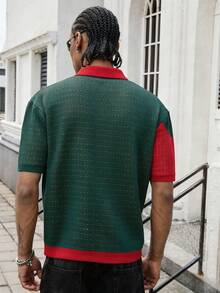 GALLERY FADE Men's Letter Pattern Colorblock Casual Versatile Daily Travel Knit Top - Dark Green - View 2