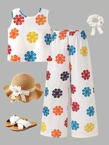 SHEIN Elladie kids 2件/組 女童春夏季新款休閒通勤編織圖案印花V領無袖寬鬆背心上衣與收腰編織寬鬆長褲，日常休閒外出兩件套 - 白色 - 查看 4