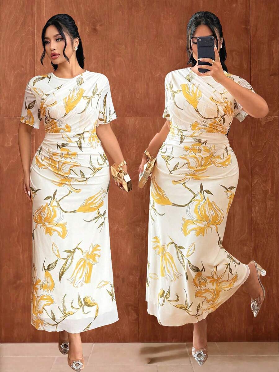 Modelyn Elegant Mesh Floral Print Round Neck Short Sleeve Ruched Regular Spring/Summer Plus Size Dress - Multicolor - View 1