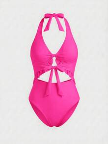 Swim Mod Damen einfarbiger Twist-Cut Out-Design Schnürung Rückenfrei Neckholder Einteiler Badeanzug - Heißes Pink - Übersicht 2