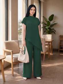Auveirra 2025 New Plus Size Women Dark Green Solid Loose Asymmetric Hem Elegant Blouse Winter Valentine's Day New Year Party Green Wedding Guest Batwing Sleeve Top Fall Women Green Elegant Top - Dark Green - View 3