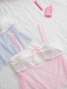 Slumberry CURVE Sweet Ins Polka Dot Mesh Ruffle Bow Decor Patchwork Knit Fabric Plus Size Women's Pajama Top 2pcs - Multicolor - View 3