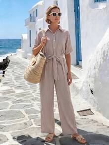Faunlyn Women's Casual Striped Short-Sleeve Pocket Jumpsuit - Brown - View 5