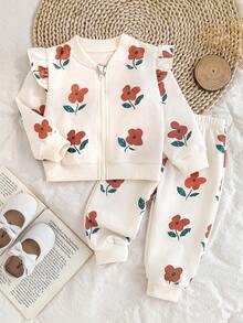SHEIN Vintaside Kids 復古花卉印花棒球領拉鍊荷葉邊長袖上衣褲套裝，甜美休閒運動衫套裝 - 杏色 - 查看 1