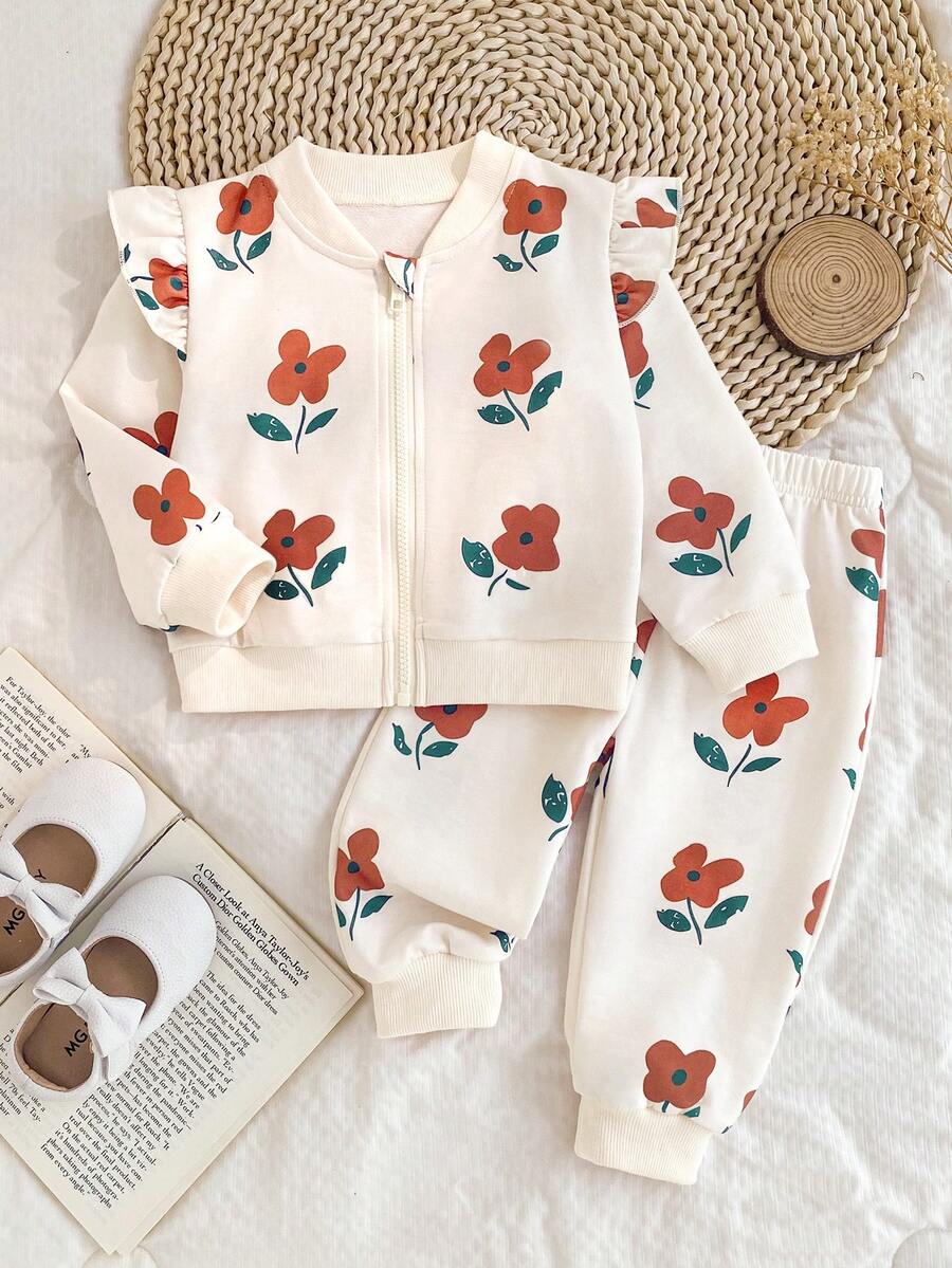 SHEIN Vintaside Kids 復古花卉印花棒球領拉鍊荷葉邊長袖上衣褲套裝,甜美休閒運動衫套裝 - 杏色 - 查看 1