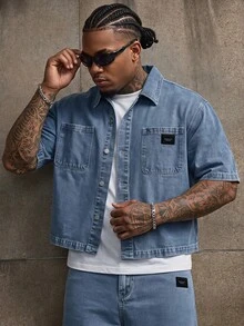 AXEPEAK Plus Size Men's Casual Fashion Street Style Daily Commute Washed Short Sleeve Shirt And Denim Jeans Set, Spring/Summer - Blue - View 1