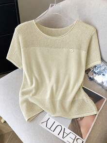 EMERY ROSE Top de punto holgado de talla grande para mujer, estilo casual de primavera/otoño: simple, versátil y transpirable. Con panel de malla, cuello redondo y manga corta, perfecto para primavera y otoño - Albaricoque - Ver 4