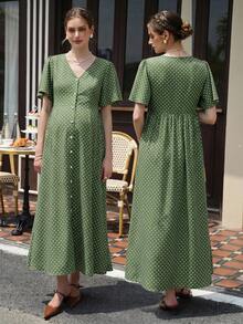 Momance Vestido de maternidad casual con estampado de lunares, manga larga con volantes y abertura - Verde Oliva - Ver 1
