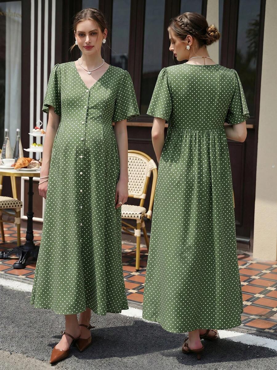 Momance Vestido de maternidad casual con estampado de lunares, manga larga con volantes y abertura - Verde Oliva - Ver 1