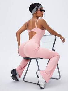 SHEIN Sports Jumpsuit Olahraga Wanita Manis Polos Seksi Model Mengembang - Baby Pink - View 4