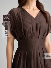 Ontre Lyocell Fabric Women's Comfortable V-Neck Slightly Wide Design Cinched Waist Full Skirt Vacation Elegant Tea Party Summer Dark Brown - Brown - View 8
