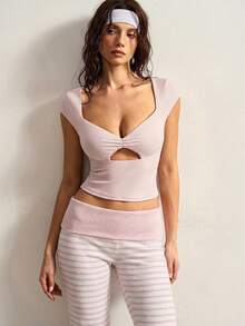 VARSIVA Women's Casual Striped Flared Pants With Waist Fold Over Leggings - Baby Pink - View 10