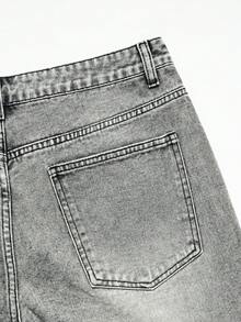 Manfinity EMRG Shorts de mezclilla gris lavada con cruz estilo hip hop callejero gótico para hombre - Gris - Ver 4