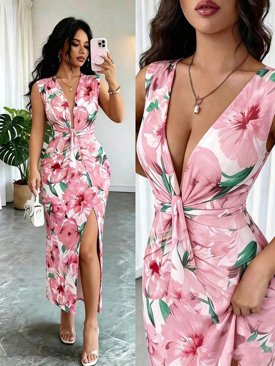SHEIN Elenzya 女款花卉印花V領開衩收腰A字洋裝,熱情度假迷人優雅日常通勤性感時尚約會法式街頭復古百搭春夏多色新款中長洋裝 - 彩色 - 查看 1