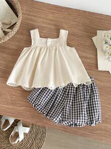 SHEIN 2-Piece Baby Girl Fashion Casual Embroidered Lace Sleeveless Top And Shorts Set Suitable For Spring And Summer, Daily Wear - Apricot - View 2