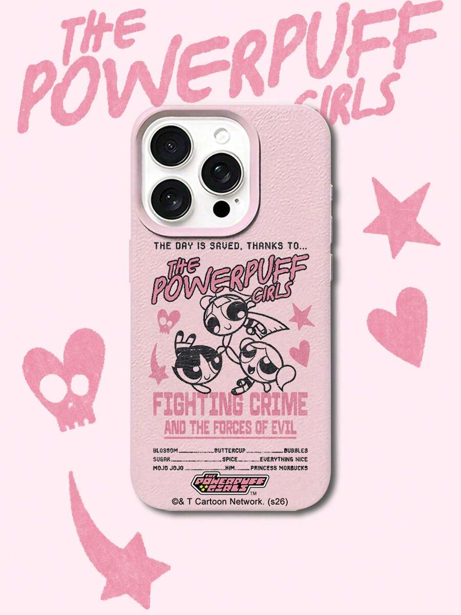THE POWERPUFF GIRLS X SHEIN The Powerpuff Girls 全三角色復古做舊飛行圖案星星愛心反派名單標語字母元素皮革紋粉色親膚防震防摔手機保護殼,適用於 Apple iPhone 13/14/15/15Pro/16/16Pro/17Pro,熱銷日常美學保護殼 - 彩色 - 查看 1