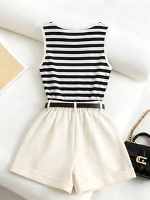 GlowEve CURVE Plus Size Striped Top And Contrast Color Shorts Casual Women's 2 Pieces Set - Multicolor - View 2