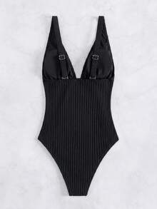 Swim Vcay Traje de baño de una pieza de unicolor para vacaciones en la playa - Negro - Ver 4