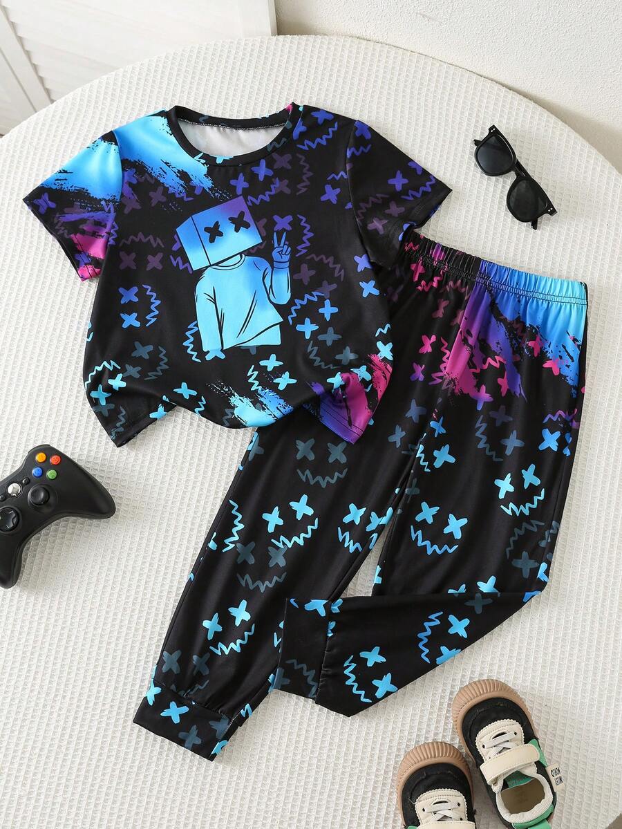 SHEIN 2pcs Young Boy Casual Vision Fluorescent Cartoon Pattern Round Neck Short Sleeve Shorts 2 Pieces Outfit Set, Suitable For Spring/Summer , Daily Wear, Sports, Outings, School, Parties, Festivals, Photoshoots
