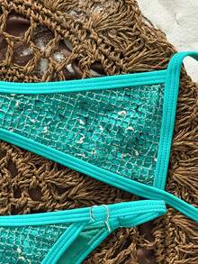 Swim Vcay 2026 Spring/Summer New Lake Blue Glitter Mesh Bikini Set, Adjustable Thin Shoulder Straps, Bandeau Top With Side Ties, High Cut Triangle Bottoms, Sexy Vacation Beach Two-Piece Swimsuit Set - Mint Blue - View 5