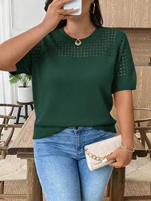 EMERY ROSE Plus Size Casual Hollow Out Round Neck Short Sleeve Top Going Out Tops - Dark Green - View 5