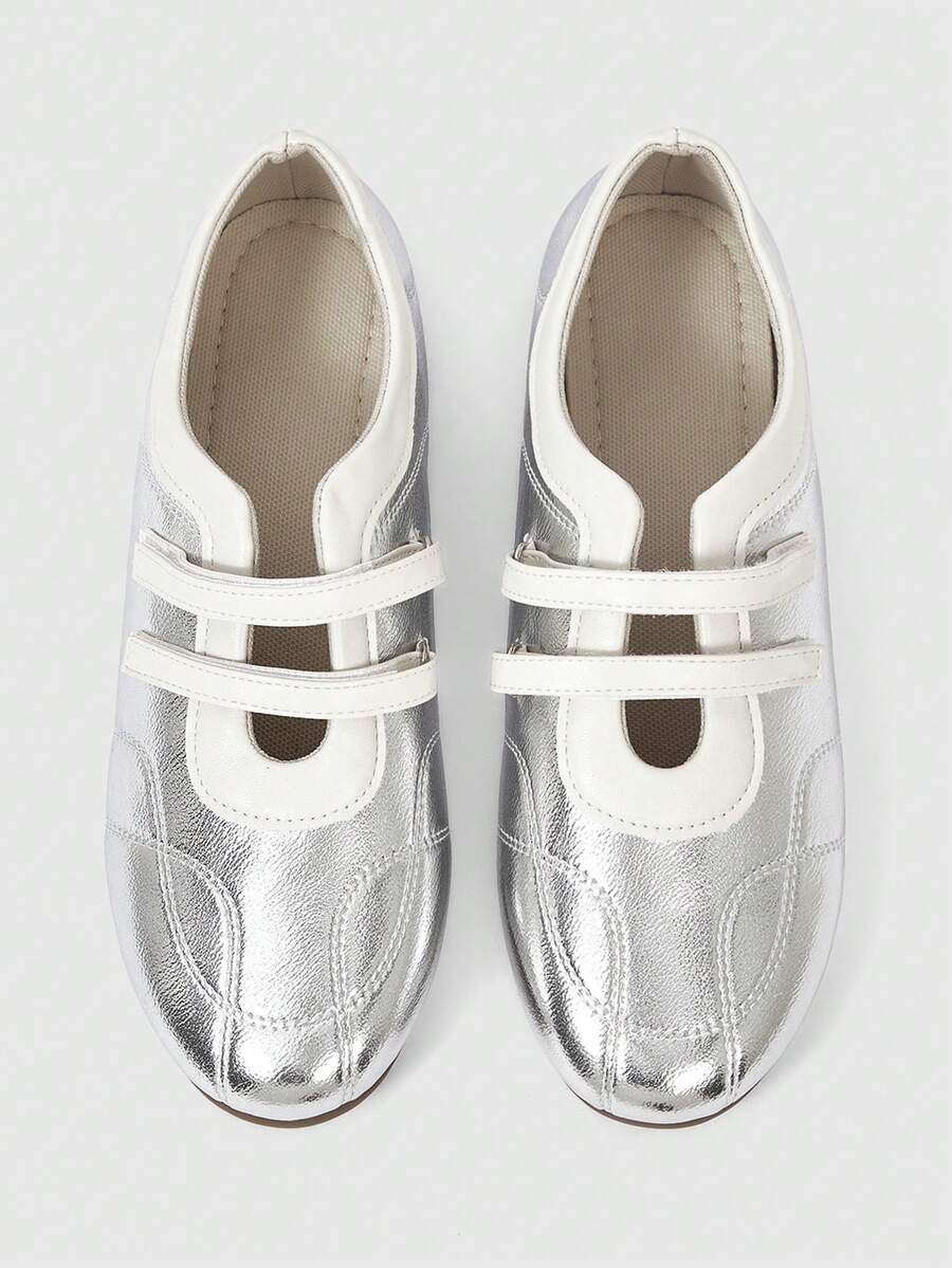 ROMWE Grunge Punk 女款豹紋扣飾平底芭蕾舞鞋 布面鞋面 單腳套樂福鞋 瑪麗珍鞋 - 銀白色 - 查看 1