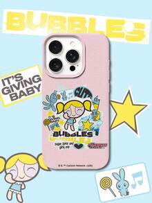 THE POWERPUFF GIRLS X SHEIN The Powerpuff Girls Bubbles 卡通貼紙拼貼圖案 星星兔子章魚麥克風音符愛心字母元素 皮革紋理粉色親膚防震防摔手機保護殼，適用於 Apple iPhone 13/14/15/15Pro/16/16Pro/17Pro，熱銷日常美學手機殼 - 彩色 - 查看 2