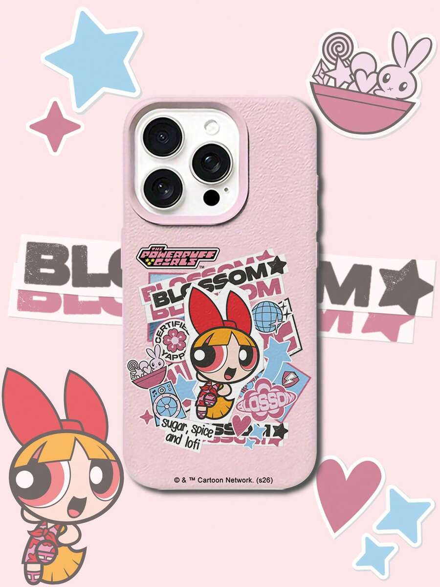 THE POWERPUFF GIRLS X SHEIN The Powerpuff Girls Blossom 卡通貼紙拼貼圖案 星星兔子迪斯可球愛心字母元素 皮革紋理粉色親膚防震防摔保護手機殼,適用於 Apple iPhone 13/14/15/15Pro/16/16Pro/17Pro,熱銷日常美學保護殼 - 彩色 - 查看 1