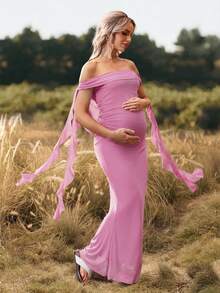 Cheriluna Maternity 纯色露肩露背孕妇长裙，适合圣诞派对、优雅派对、迎婴派对等场合。 - 玫紅色 - 查看 4