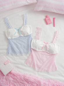 SweetSlumber Sweet Ins Polka Dot Mesh Ruffle Bow Decor Patchwork Knit Fabric Women's Pajama Top 2pcs Set - Multicolor - View 6