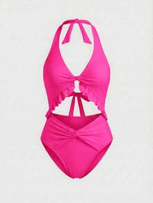 Swim Mod Damen einfarbiger Twist-Cut Out-Design Schnürung Rückenfrei Neckholder Einteiler Badeanzug - Heißes Pink - Übersicht 6