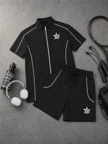 Sport MetroGents 男士運動套裝短袖上衣 & 短褲 2件組，夏季美式星星印花立領拉鍊運動服，舒適健身跑步套裝，健身房 - 黑色 - 查看 1