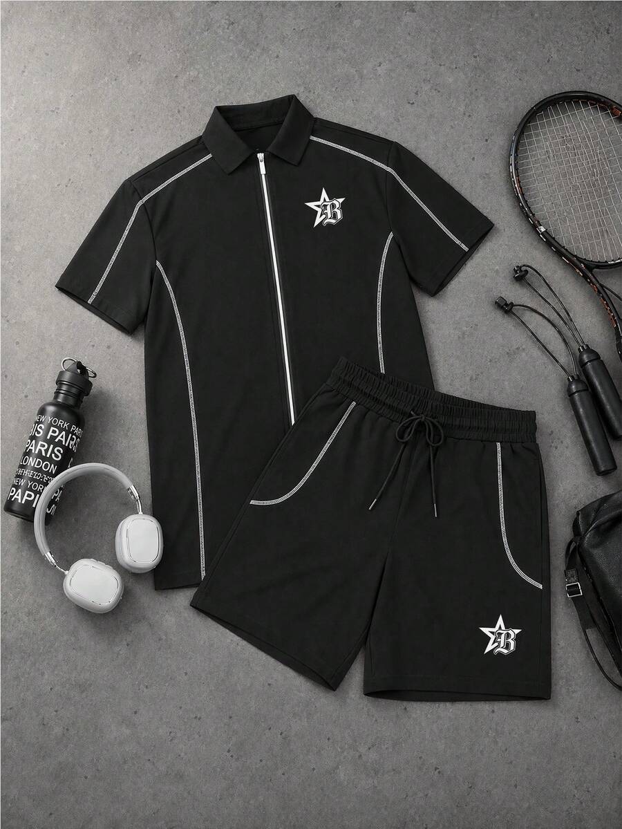 Sport MetroGents 男士運動套裝短袖上衣 & 短褲 2件組,夏季美式星星印花立領拉鍊運動服,舒適健身跑步套裝,健身房 - 黑色 - 查看 1