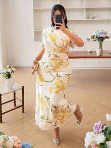 Modelyn Elegant Mesh Floral Print Round Neck Short Sleeve Ruched Regular Spring/Summer Plus Size Dress - Multicolor - View 5